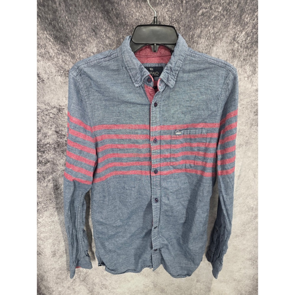 Buffalo David Bitton Shirt Mens Medium Blue Slim Striped Button Up Long Sleeve